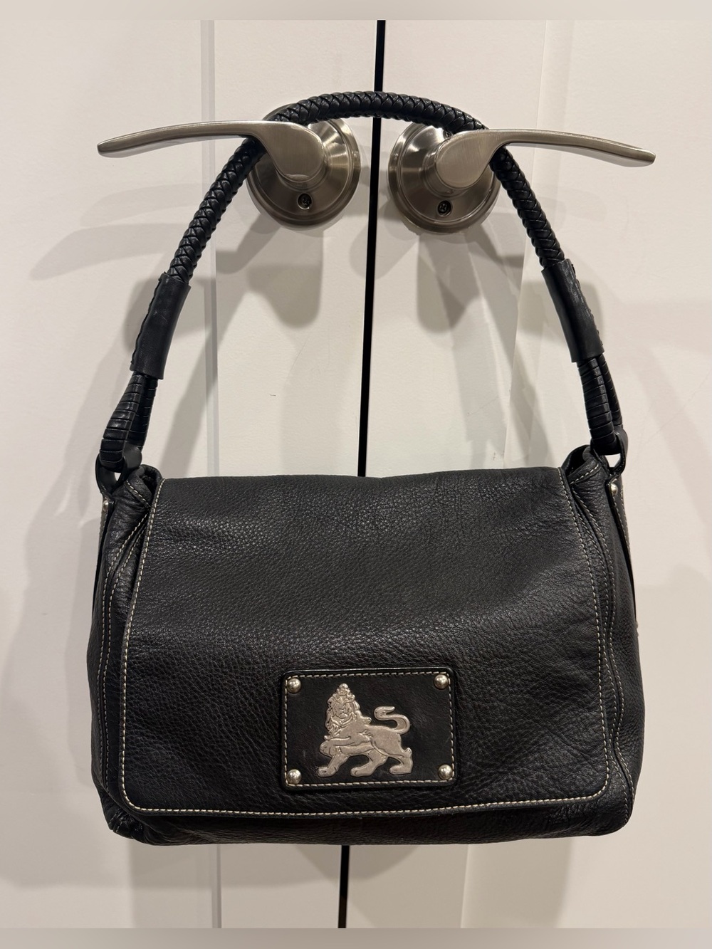 MCM Vintage Princess Lion Black Pebbled Leather Shoulder Bag